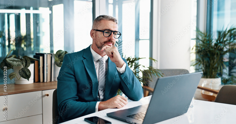 Poster businessman, thinking and reading on laptop for problem solving, investment idea or evaluation. comp