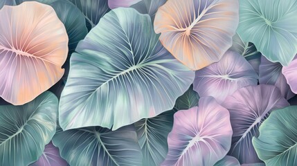 Playful seamless pattern featuring pastel colored tropical leaves