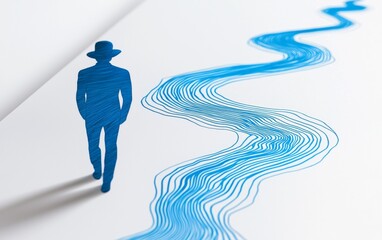 Man walks along a blue river illustration on a white background showcasing creativity in art