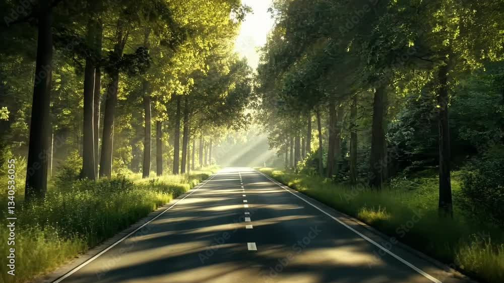 Poster sunlight filters through trees along a serene road in a lush forest setting
