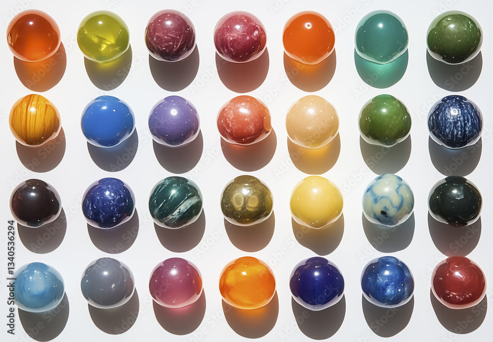 Poster pattern of colorful marbles arranged in rows on white surface, casting soft shadows. marbles display