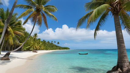 Tropical beach with palm trees, white sand, turquoise water and traditional boat