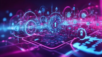 Abstract image depicting a digital network cybersecurity elements, showcasing glowing icons futuristic technology.