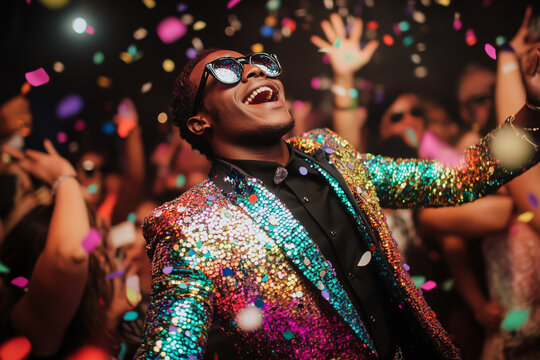 A vibrant scene of a young man in a colorful sequined suit and black sunglasses