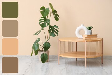 Wooden table with houseplants near beige wall. Different color patterns
