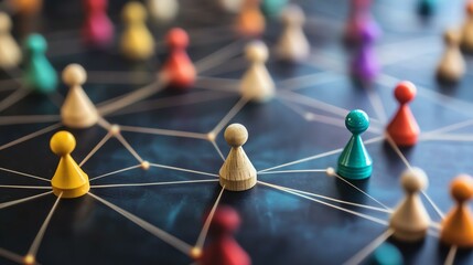 A close-up view of colorful game pieces connected by lines, symbolizing teamwork and connectivity in a network, Business concept.
