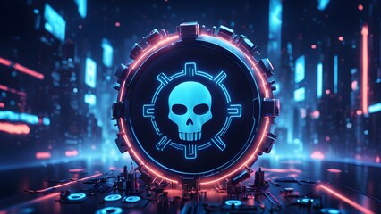 A glowing neon skull symbol inside a futuristic circular device, set against a blurry cyberpunk city background.