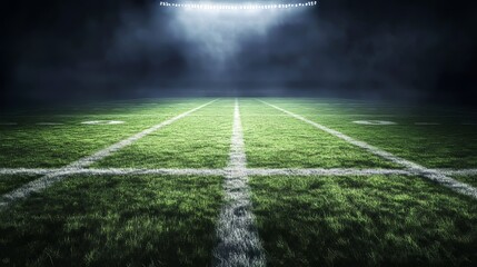 A brightly lit American football field against a dark background. Realistic sports illustration. 