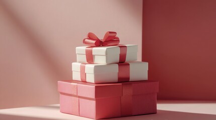 Stack of gift boxes, coral and white, tied with red ribbon