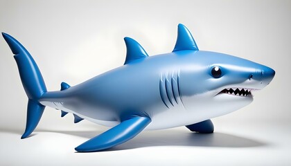 Obraz premium A full shot of a blue inflatable shark with a white background. The shark is facing left, with its head slightly tilted down. It has a rounded body with a dorsal fin