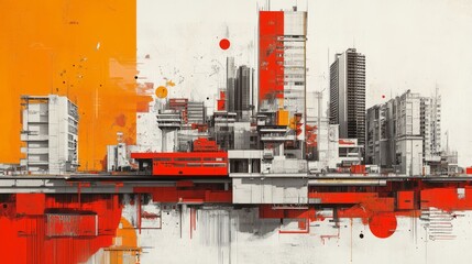 Fototapeta premium Abstract city landscape rendered in a stylized orange and red palette