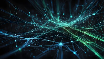 Fototapeta premium Abstract image depicting a complex network connection teal green glowing lines nodes against a dark background.