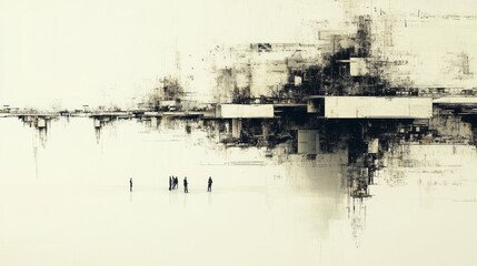 People stand before a mysterious abstract structure under a white sky