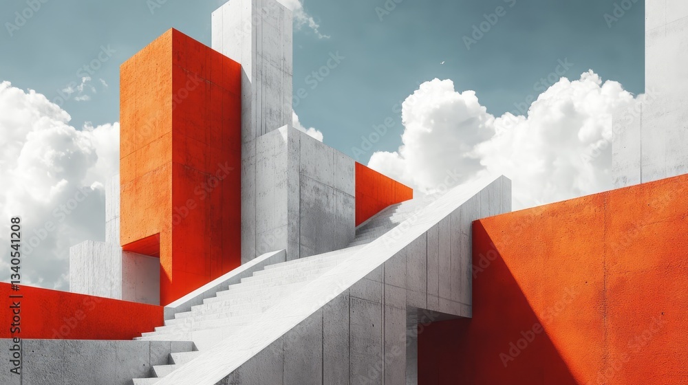 Poster angular architecture features stairs and bold color blocks under clouds