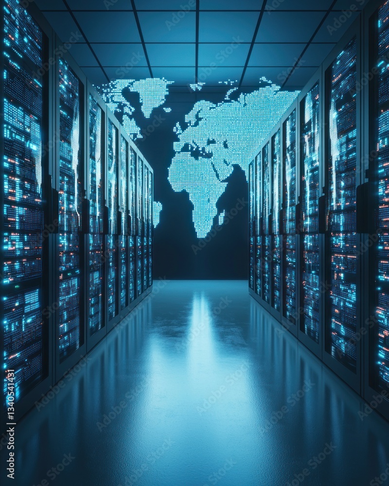 Poster data center operations global network digital infrastructure high-tech environment futuristic viewpo