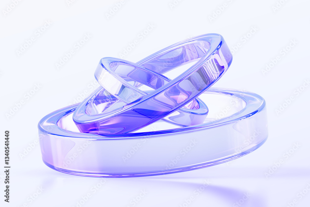 Poster 3d abstract glass circle shapes with motion effect render. Hologram transparent rings with iridescent purple pink gradient. Crystal circular lines, isolated art object for ui design. 3D illustration