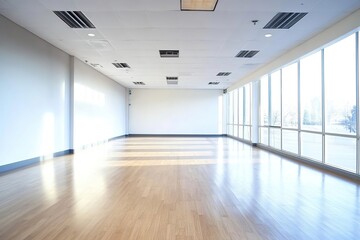 Modern empty interior. An empty office with an open space. Abstract light bokeh on the background of an office interior.