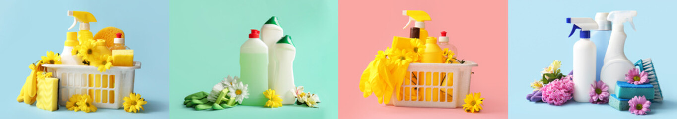 Set of cleaning supplies and spring flowers on color background
