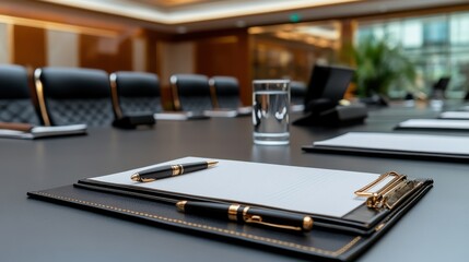 A black leather bound notebook with a pen and a glass of water on top of it