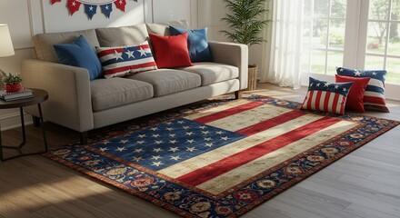 American Flag Rug in Living Room with Pillows and Decorations