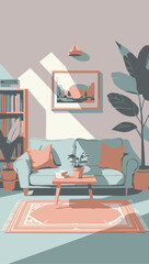 Flat vector illustration of a cozy living room with a couch, bookshelf, rug, small coffee table, potted plant, and a framed picture on the wall, clean vector art, pastel colors, minimal shadows, print