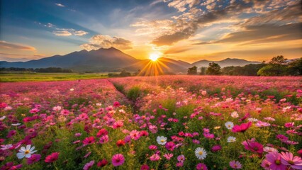 Obraz premium Stunning Drone View: Cosmos Flower Fields in Chiang Mai, Thailand - Aerial Photography