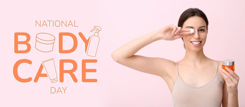 Beautiful young woman with cream against pink background. Banner for National Body Care Day