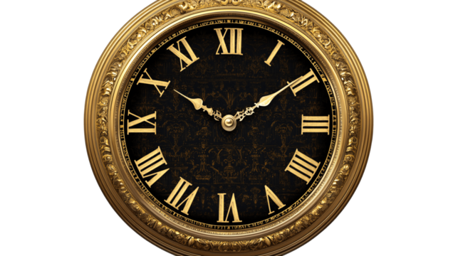 Antique golden clock with Roman numerals ?, classic and timeless. Transparent background. --ar 16:9