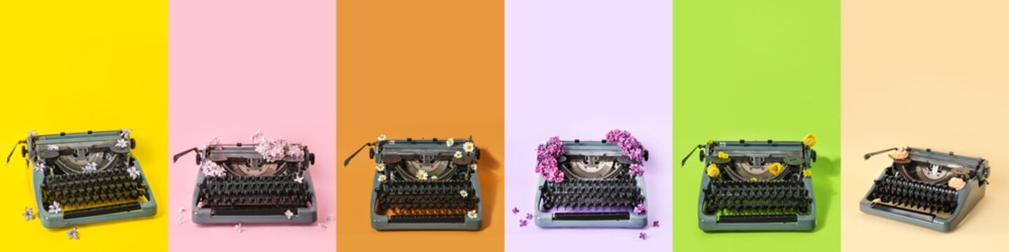 Set of vintage typewriters and spring flowers on color background