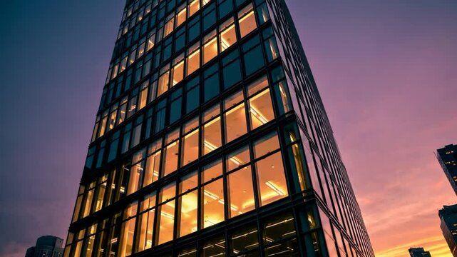 Modern highrise illuminated at dusk with vibrant sky transitions. 4k stock footage