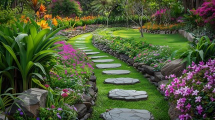 A serene garden with blooming flowers, lush greenery, and a stone pathway