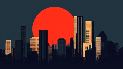 City skyline at sunset showing high rise buildings