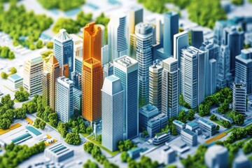 Aerial view of a miniature city with skyscrapers and green trees in a tilt shift effect