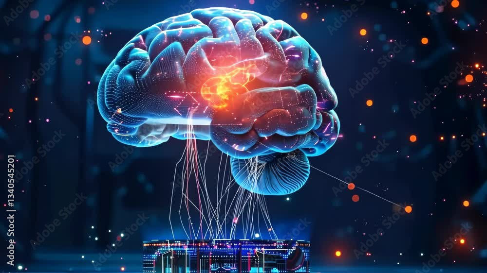 Poster exploring the connection between technology and human cognition in a vibrant digital landscape