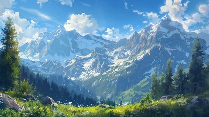 A serene mountain landscape with snow-capped peaks and a bright blue sky