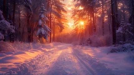Gardinen Snowy forest path bathed in golden light from the sunset. Winter landscape scene with sparkling snow and warm colors. Beautiful nature background for outdoor theme. © W.O.W