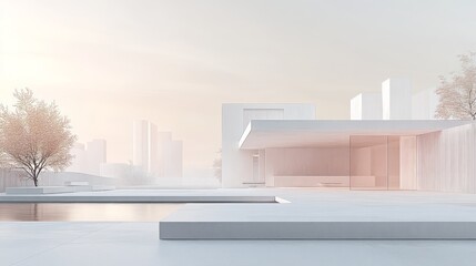 Modern building stands out against a soft and misty cityscape