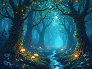 A glowing enchanted forest where the trees have bioluminescent leaves.
