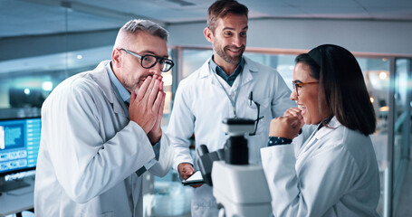 Fototapeta premium Microscope, teamwork and success with people in laboratory for DNA discovery, healthcare or science. Gene study, medical and breakthrough with scientist in clinic for check, results and biotech