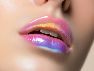 Fototapeta premium Glamorous Iridescent Lips: A close-up shot showcases exquisitely painted lips with an iridescent, glossy finish, reflecting a spectrum of colors and highlighting the artistry of makeup
