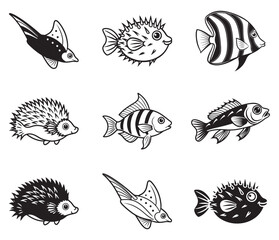 aquarium fish vector, line art set