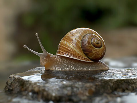 A macro photograph captures a snail gracefully traversing a wet stone