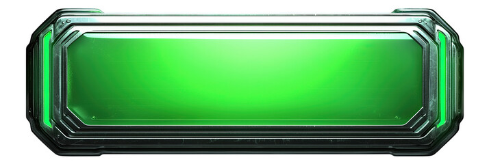 Green Glossy 3D Button Interface: Modern Metallic Digital Screen Element with Futuristic Glow Effects for User Experience Design