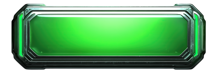 Green Glossy 3D Button Interface: Modern Metallic Digital Screen Element with Futuristic Glow Effects for User Experience Design