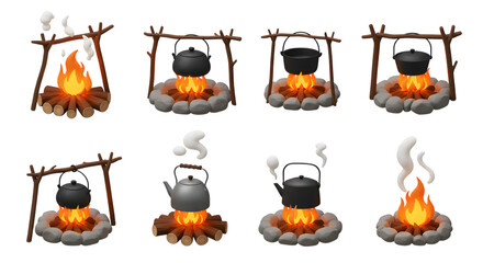 Cooking over a campfire set icons with pots and kettle illustration