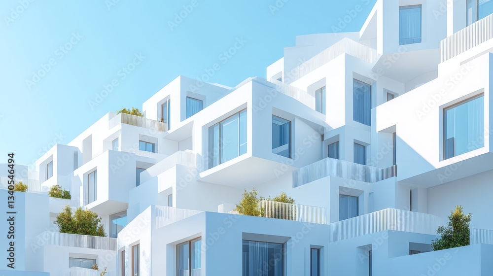 Poster modern architecture features staggered white cubes with sky views