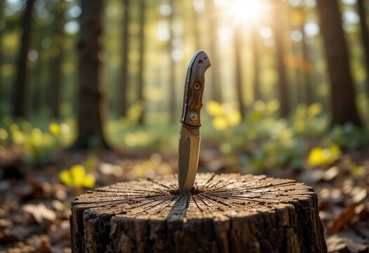 Knife standing upright in tree stump at forest during sunset