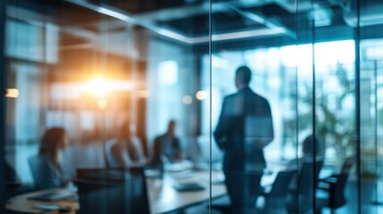 A blurred photograph capturing a business leader guiding their team during a morning meeting in a modern office setting. The focus is on the leader, with glass walls and contemporary decor