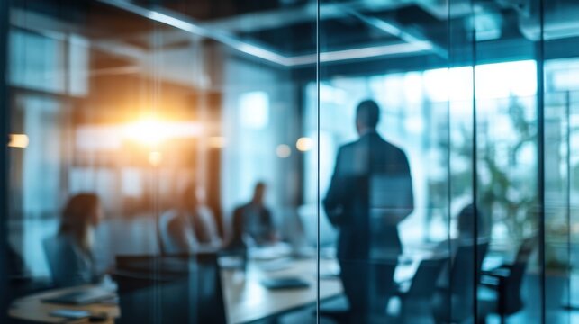 A blurred photograph capturing a business leader guiding their team during a morning meeting in a modern office setting. The focus is on the leader, with glass walls and contemporary decor