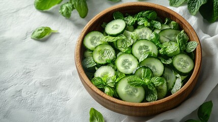 Obraz premium Fresh Cucumber and Basil Salad: A refreshing and vibrant salad featuring sliced cucumbers and fresh basil leaves, arranged beautifully in a wooden bowl. capturing the essence of healthy eating.